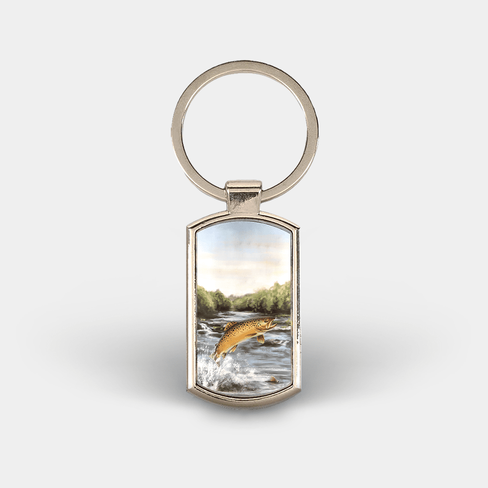 Country Images Custom Customised Customise Personalise Personalised Lozenge Metal Keyring Highland Collection Leaping Brown Trout Gift Gifts 1