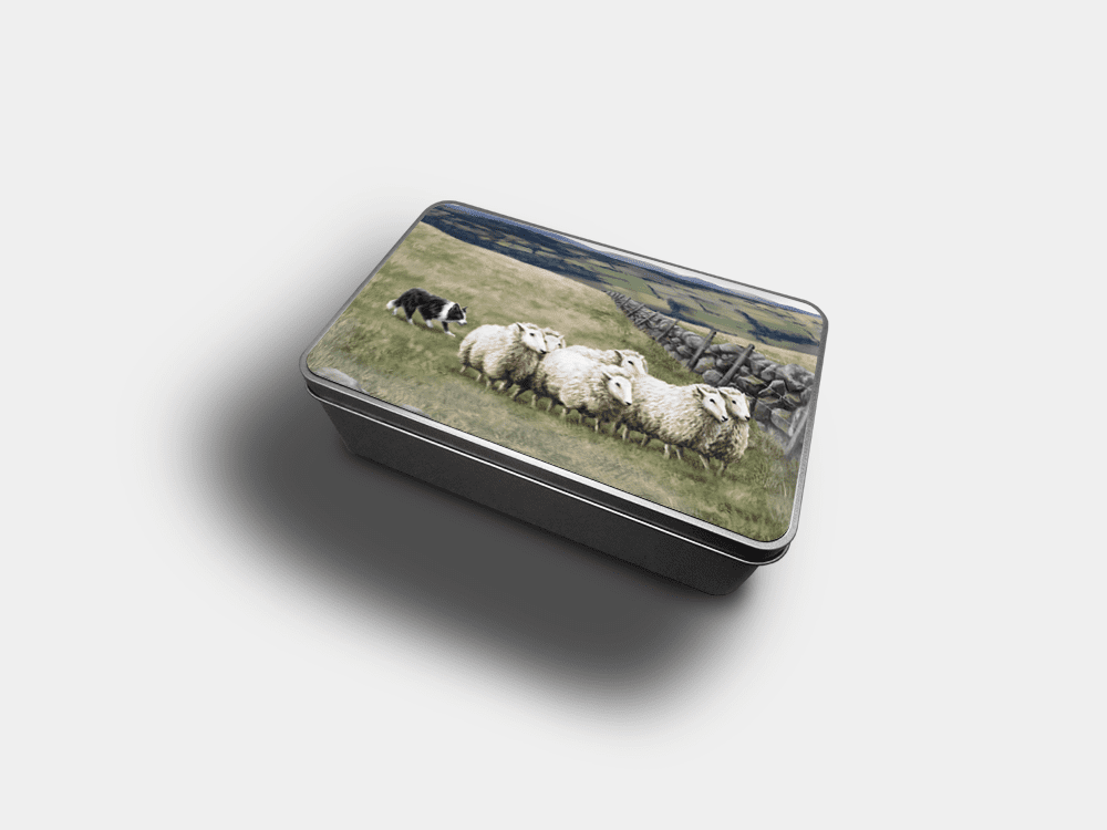 Country Images Personalised Custom Customised Rectangular Tin Tins Scotland Scottish Highland Highlands Biscuit Sweet Sheep and Sheepdog Crofting Crofter
