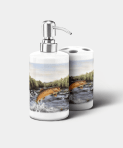 Country Images Personalised Custom Ceramic Bathroom Toothbrush Holder Soap Dispenser Set Highland Collection Brown Trout Fishing Angler Gifts