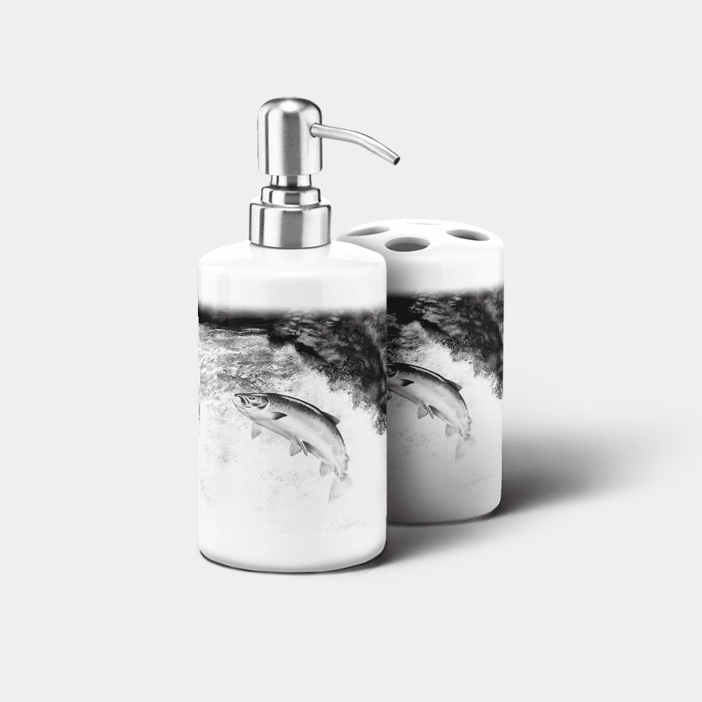 Country Images Personalised Custom Ceramic Bathroom Toothbrush Holder Soap Dispenser Set Highland Collection Leaping Salmon Gifts