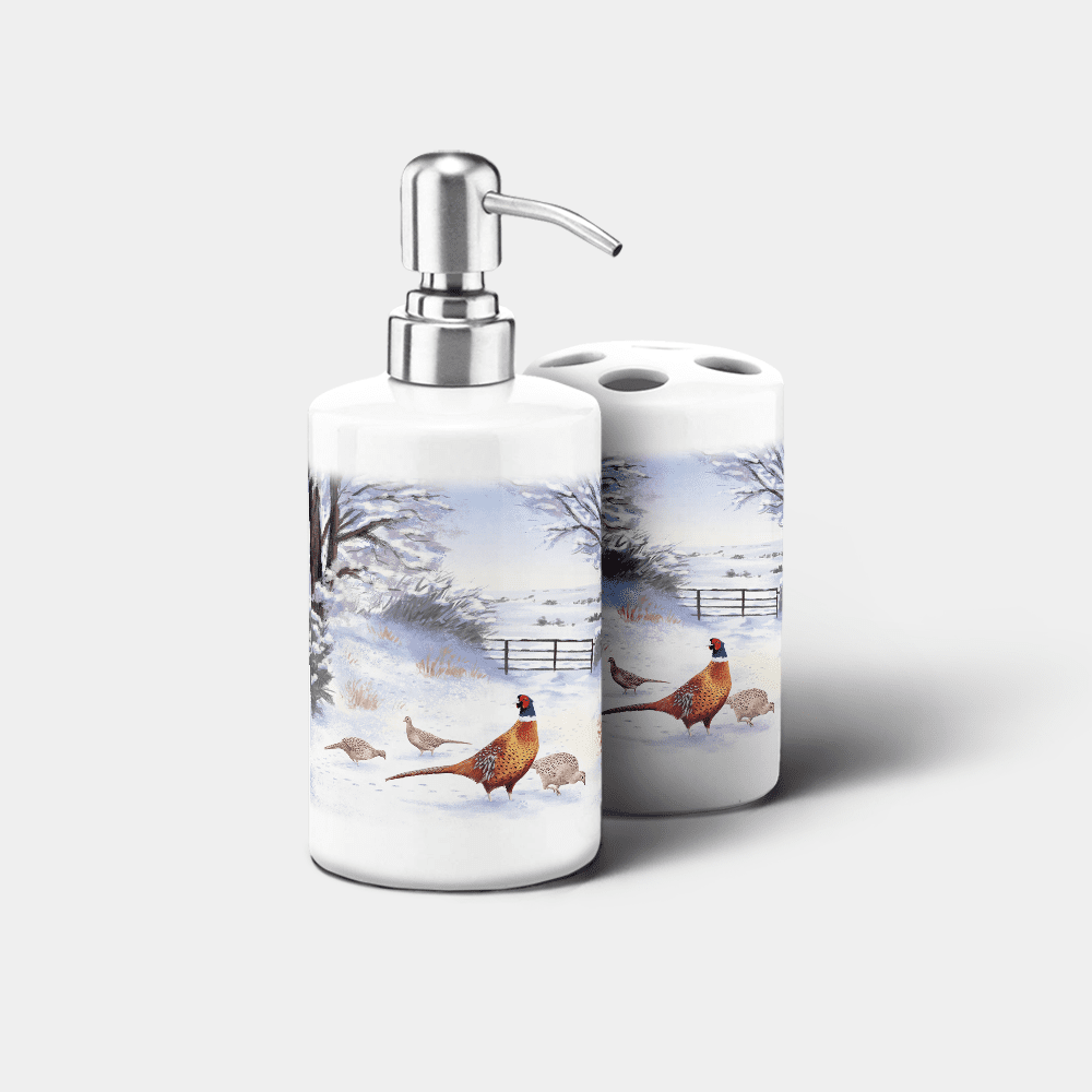 Country Images Personalised Custom Ceramic Bathroom Toothbrush Holder Soap Dispenser Set Highland Collection Pheasant Pheasants Gifts