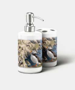 Country Images Personalised Custom Ceramic Bathroom Toothbrush Holder Soap Dispenser Set Highland Collection Puffin Puffins Gifts