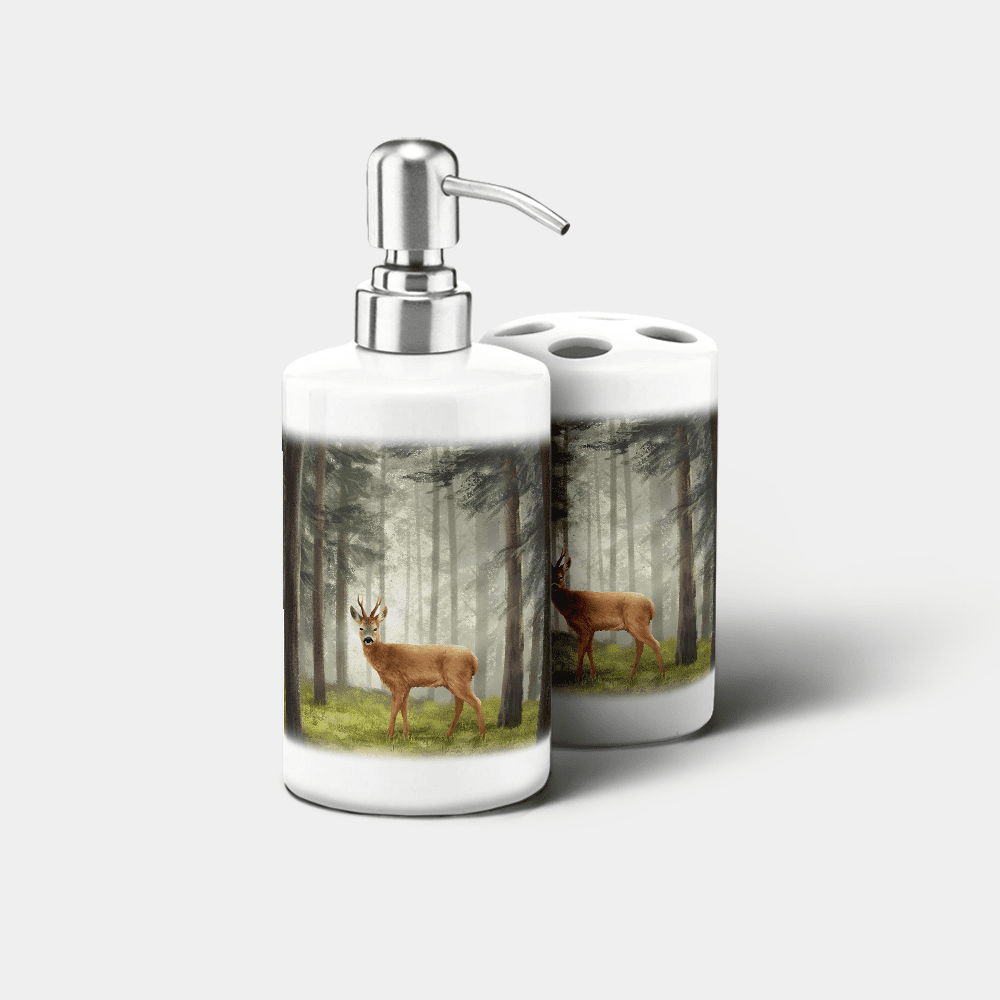 Country Images Personalised Custom Ceramic Bathroom Toothbrush Holder Soap Dispenser Set Highland Collection Roebuck Deer Roe Buck Gifts