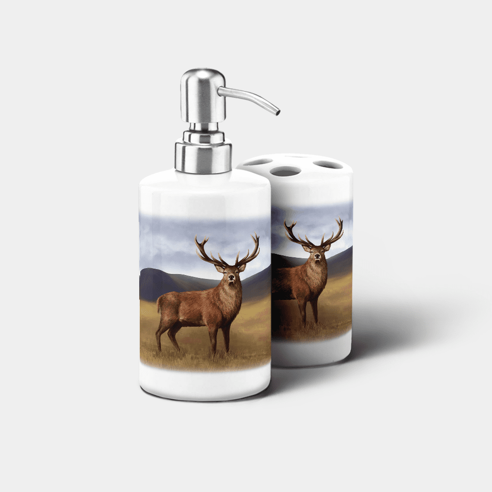 Country Images Personalised Custom Ceramic Bathroom Toothbrush Holder Soap Dispenser Set Highland Collection Stag Gifts
