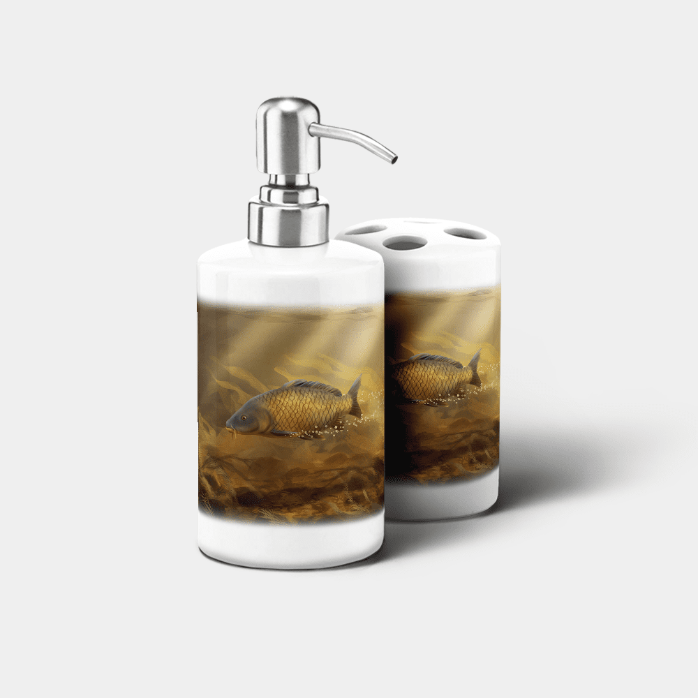 Country Images Personalised Custom Ceramic Bathroom Toothbrush Holder Soap Dispenser Set Sports Sporting Fishing Angling Common Carp Gift Gifts