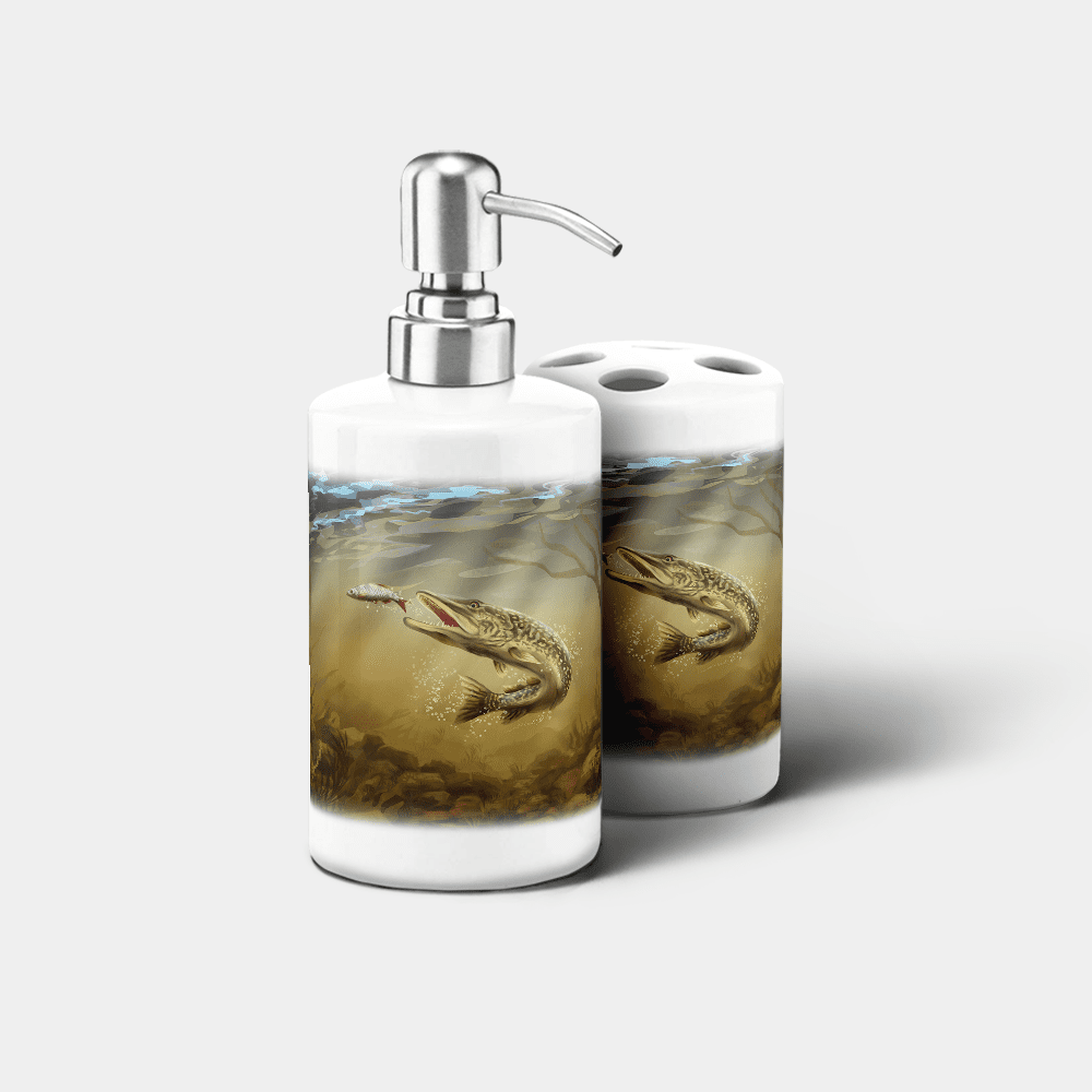Country Images Personalised Custom Ceramic Bathroom Toothbrush Holder Soap Dispenser Set Sports Sporting Fishing Angling Pike Gift Gifts