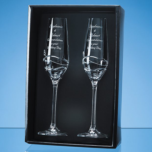 Personalised Engraved Diamante Pair of Champagne Flutes (Modena) Scotland UK Custom Customised Gift Gifts Scottish