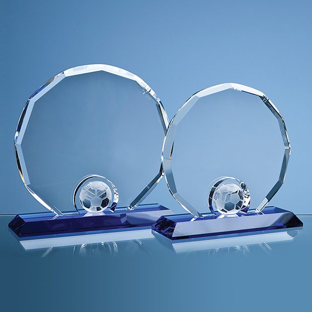 Personalised Engraved Football Soccer Award Sports Club Presentation Glass Scotland UK Customised Optical Crystal with Blue Base