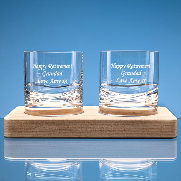 Personalised Engraved Wave Whisky Tumbler Set with Beech Base Glass Crystal Scotland UK